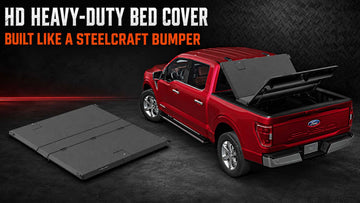 Steelcraft HD truck bed cover displayed open on a red pickup with the closed diamond-plate cover beside it HD HEAVY-DUTY BED COVER - 	BUILT LIKE A STEELCRAFT BUMPER