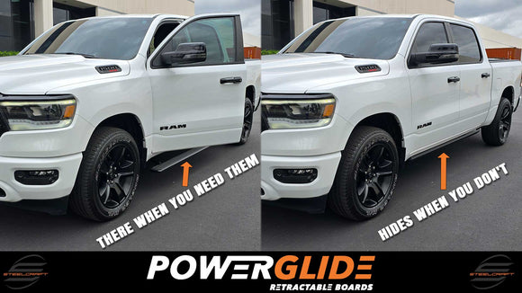 Ram 1500 Crew Cab 19-23 PowerGlide Retractable Running Board, Retractable Running Board, Ram, Powersteps, PowerGlide, Power Steps, heavy-duty extruded aluminum, PowerGlide Retractable Boards, Rocker Panel Mounting, Crew Cab, Dodge, RAM 1500