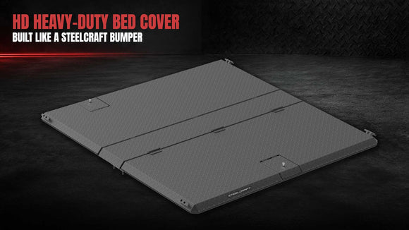 Steelcraft heavy-duty aluminum diamond-plate truck bed cover with locking access panels and reinforced frame  HD Heavy-Duty Bed Cover -  Built like a Steelcraft Bumper