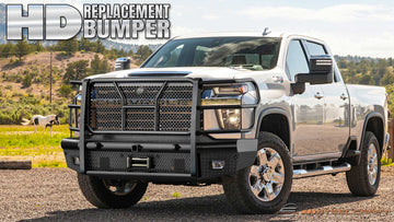 Steelcraft Automotive Front Bumper HD Replacement. All of our HD Replacements now fully support trucks with Front Emblem Cameras with a convenient front panel that can be removed if necessary. Also supported is Adaptive Cruise Control with our convenient ACC relocator kit. Front Replacement Highlights, Diamond plate & schedule 40 pipe used in production for strength, Keep your factory tow hooks, fog lights, & license plate, Limited Lifetime warranty (see terms and conditions), Convenient receiver, Punch pla