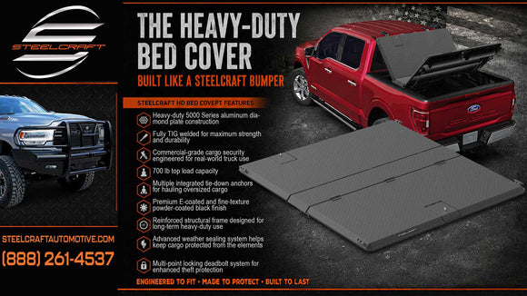 Steelcraft HD bed cover features 5000 Series aluminum, 700 lb capacity, tie-down anchors and multi-point locks  

HD Heavy-Duty Bed Cover -  Built like a Steelcraft Bumper
