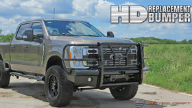 Steelcraft Automotive Front Bumper HD Replacement. All of our HD Replacements now fully support trucks with Front Emblem Cameras with a convenient front panel that can be removed if necessary. Also supported is Adaptive Cruise Control with our convenient ACC relocator kit. Front Replacement Highlights, Diamond plate & schedule 40 pipe used in production for strength, Keep your factory tow hooks, fog lights, & license plate, Limited Lifetime warranty (see terms and conditions), Convenient receiver, Punch pla