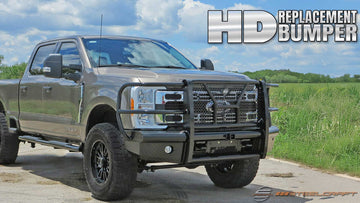 Steelcraft Automotive Front Bumper HD Replacement. All of our HD Replacements now fully support trucks with Front Emblem Cameras with a convenient front panel that can be removed if necessary. Also supported is Adaptive Cruise Control with our convenient ACC relocator kit. Front Replacement Highlights, Diamond plate & schedule 40 pipe used in production for strength, Keep your factory tow hooks, fog lights, & license plate, Limited Lifetime warranty (see terms and conditions), Convenient receiver, Punch pla