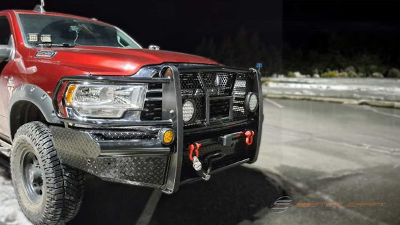 Steelcraft HD12280RCW heavy-duty replacement winch front bumper for 2019-2026 Ram 2500 and Ram 3500 trucks with integrated grille guard and off-road protection system