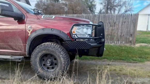 Steelcraft HD12280RCW winch front bumper review on 2024 Ram 2500 featuring heavy-duty grille guard, winch mount, factory sensor compatibility, and off-road front-end protection